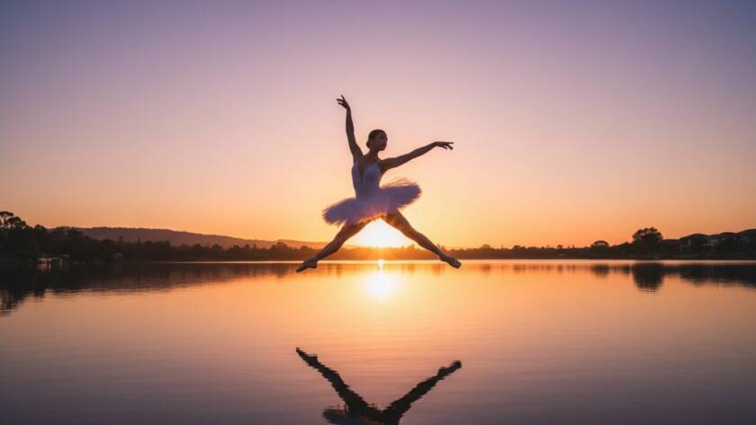 A prima ballerina mid-leap, silhouetted against a golden Waterways sunset, her form perfectly defined, embodying the elegance of Waterways ballet photography capturing grace.