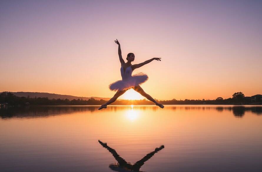 A prima ballerina mid-leap, silhouetted against a golden Waterways sunset, her form perfectly defined, embodying the elegance of Waterways ballet photography capturing grace.