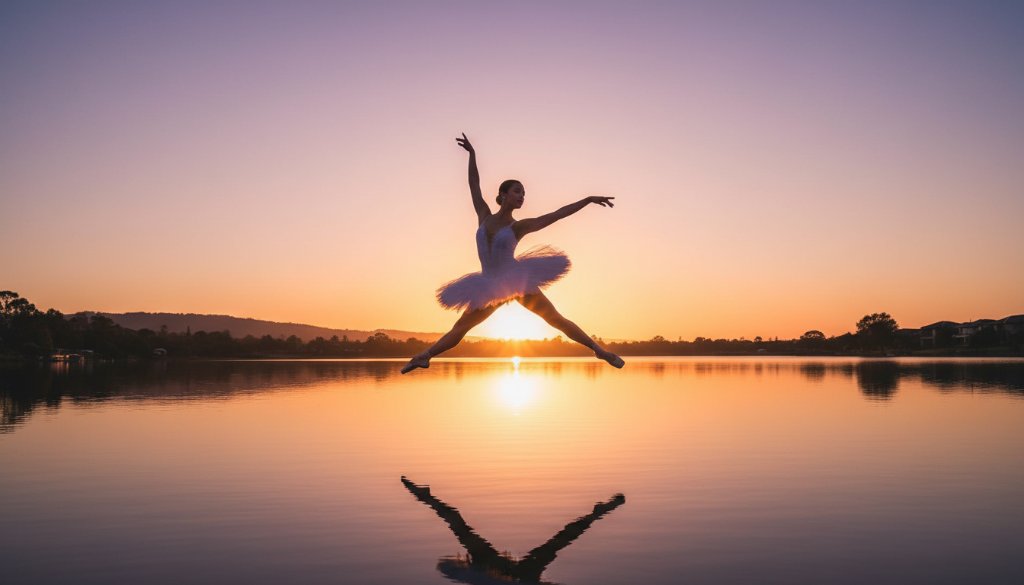 A prima ballerina mid-leap, silhouetted against a golden Waterways sunset, her form perfectly defined, embodying the elegance of Waterways ballet photography capturing grace.