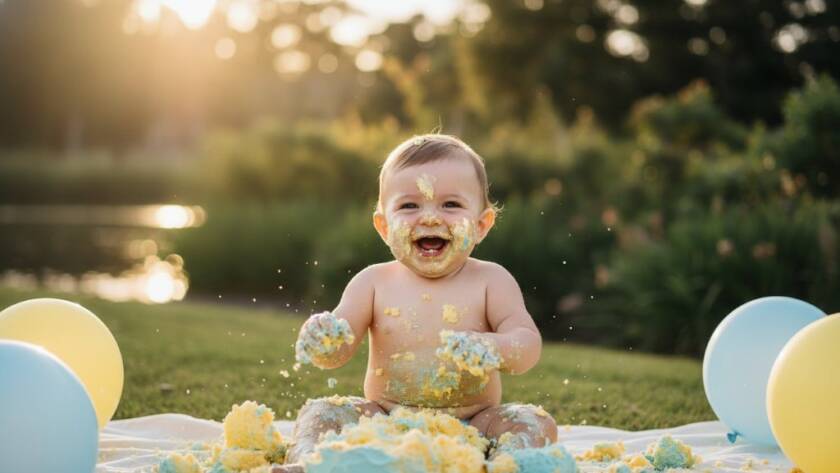 A heartwarming, professional wide-angle photograph capturing an 'epic moment' of a baby in Waterways enjoying a bespoke cake smash photography experience, covered in bright pink cake frosting, laughing joyfully amidst balloons and a beautifully styled, messy set, with dramatic, soft natural light illuminating their face and the colourful scene, showcasing pure, uninhibited delight.