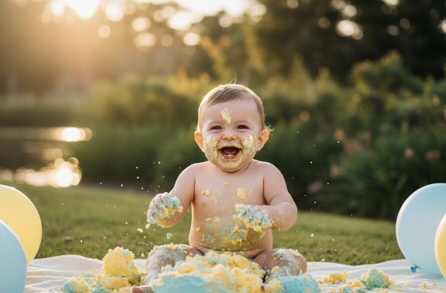 A heartwarming, professional wide-angle photograph capturing an 'epic moment' of a baby in Waterways enjoying a bespoke cake smash photography experience, covered in bright pink cake frosting, laughing joyfully amidst balloons and a beautifully styled, messy set, with dramatic, soft natural light illuminating their face and the colourful scene, showcasing pure, uninhibited delight.