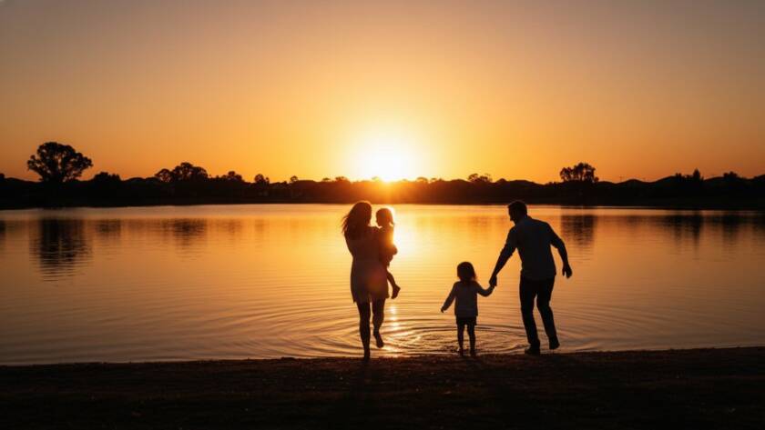 A stunning wide-angle Waterways candid photography capturing authentic family moments, showing a family laughing joyfully by the lake at sunset, professionally color-graded with dramatic light.