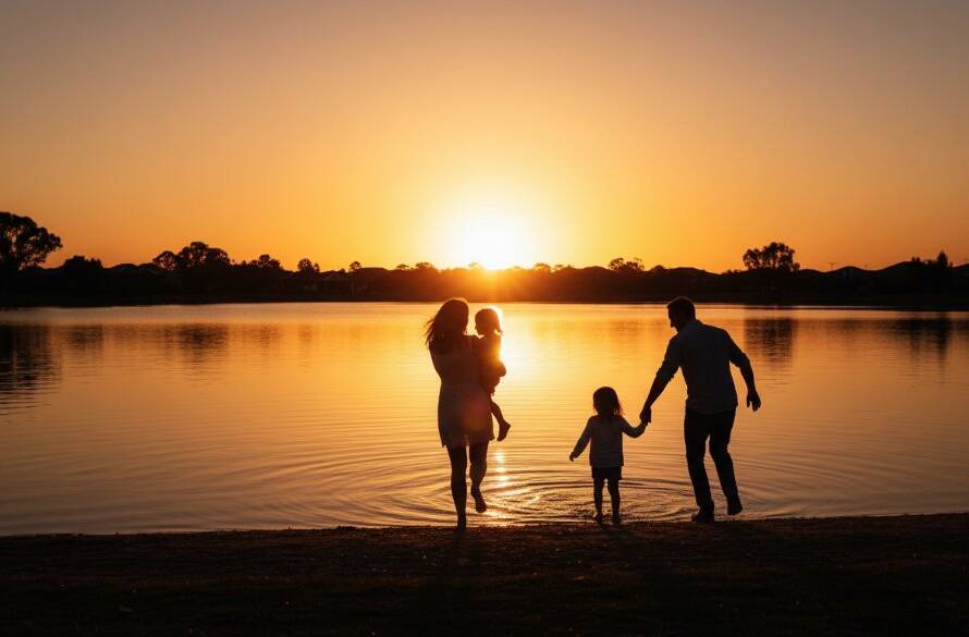 A stunning wide-angle Waterways candid photography capturing authentic family moments, showing a family laughing joyfully by the lake at sunset, professionally color-graded with dramatic light.