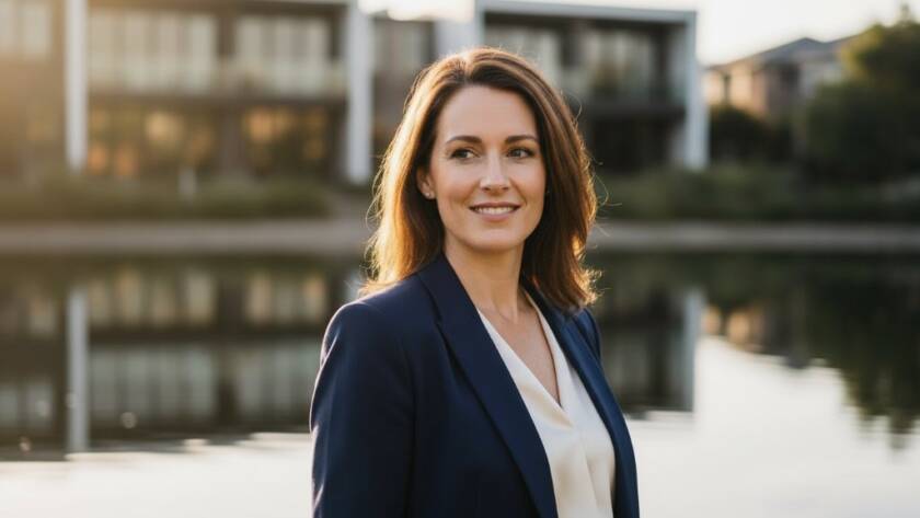 A confident female executive, professionally dressed in a modern Waterways setting, smiling genuinely during Waterways corporate headshots with natural light, captured with dramatic, golden hour lighting and professional colour grading.