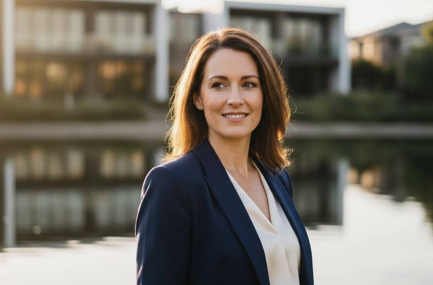 A confident female executive, professionally dressed in a modern Waterways setting, smiling genuinely during Waterways corporate headshots with natural light, captured with dramatic, golden hour lighting and professional colour grading.