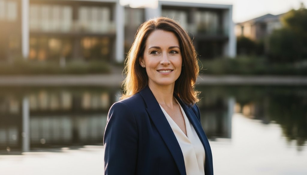 A confident female executive, professionally dressed in a modern Waterways setting, smiling genuinely during Waterways corporate headshots with natural light, captured with dramatic, golden hour lighting and professional colour grading.