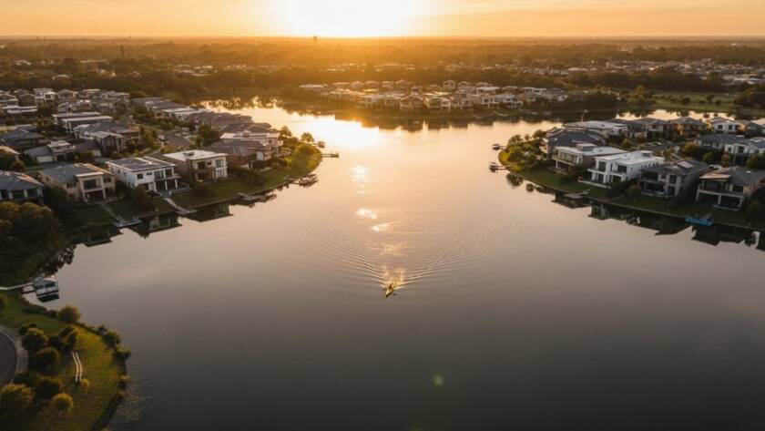 An epic moment of a drone capturing stunning Waterways drone photography capturing scenic lake views at sunrise, with a vibrant orange sky reflecting on the calm lakes and elegant homes along the shore, showcasing the area's peaceful beauty.