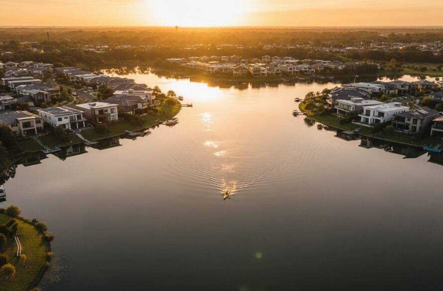 An epic moment of a drone capturing stunning Waterways drone photography capturing scenic lake views at sunrise, with a vibrant orange sky reflecting on the calm lakes and elegant homes along the shore, showcasing the area's peaceful beauty.