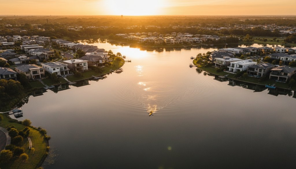 An epic moment of a drone capturing stunning Waterways drone photography capturing scenic lake views at sunrise, with a vibrant orange sky reflecting on the calm lakes and elegant homes along the shore, showcasing the area's peaceful beauty.
