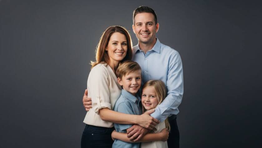 An emotionally resonant, professional studio photograph capturing a Waterways family studio portraits modern style moment. A mother embraces her two children, bathed in soft, dramatic rim lighting against a deep charcoal backdrop, creating a timeless, intimate portrait with professional colour grading.
