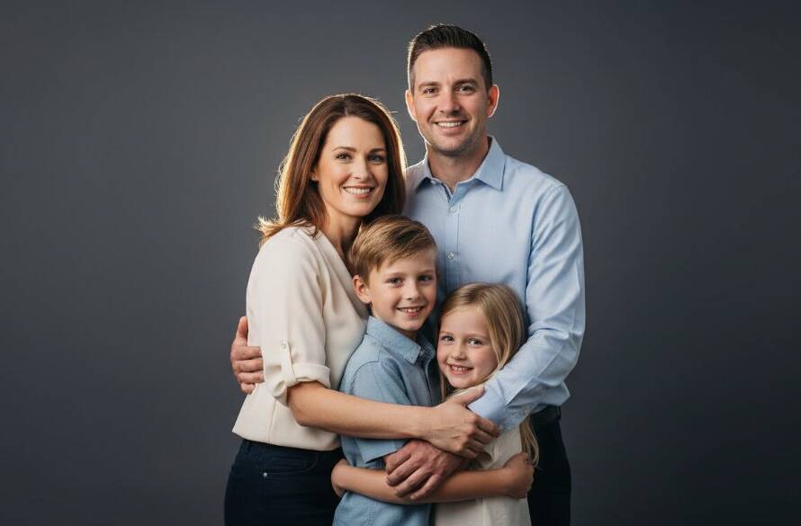 An emotionally resonant, professional studio photograph capturing a Waterways family studio portraits modern style moment. A mother embraces her two children, bathed in soft, dramatic rim lighting against a deep charcoal backdrop, creating a timeless, intimate portrait with professional colour grading.