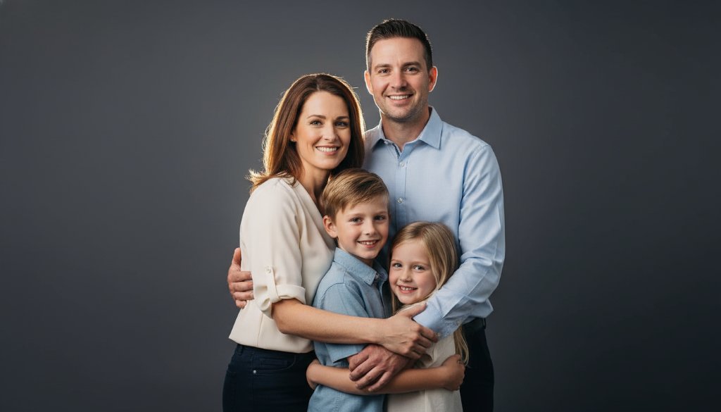 An emotionally resonant, professional studio photograph capturing a Waterways family studio portraits modern style moment. A mother embraces her two children, bathed in soft, dramatic rim lighting against a deep charcoal backdrop, creating a timeless, intimate portrait with professional colour grading.