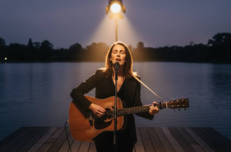 Dramatic, emotionally charged photograph capturing a singer performing an intimate acoustic gig in Waterways, Victoria, bathed in a single spotlight, showcasing the raw passion of Waterways intimate acoustic gig photography Victoria.