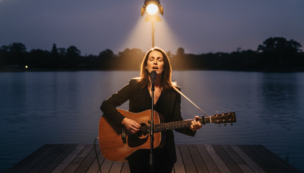 Dramatic, emotionally charged photograph capturing a singer performing an intimate acoustic gig in Waterways, Victoria, bathed in a single spotlight, showcasing the raw passion of Waterways intimate acoustic gig photography Victoria.