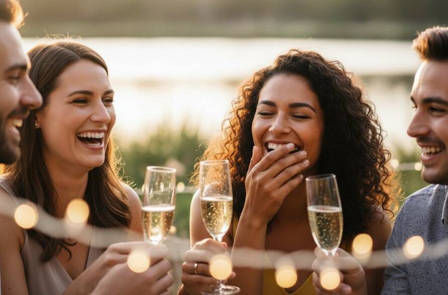 Waterways intimate birthday photography capturing a genuine, joyous moment of friends laughing and toasting under warm string lights at dusk by the lake in Waterways, Victoria.