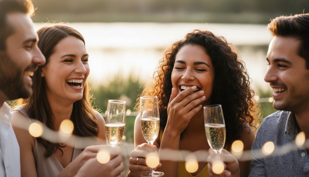 Waterways intimate birthday photography capturing a genuine, joyous moment of friends laughing and toasting under warm string lights at dusk by the lake in Waterways, Victoria.