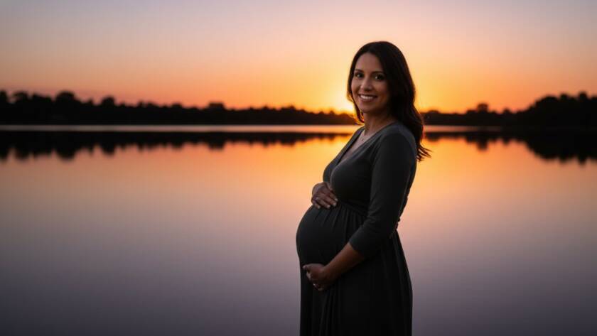 A serene and powerful Waterways intimate maternity photoshoot experience, capturing an epic moment of an expectant mother silhouetted against a golden sunset over the tranquil lake, her hands gently cradling her baby bump, with the calm waters reflecting the vibrant sky, creating a breathtaking and emotional portrait.