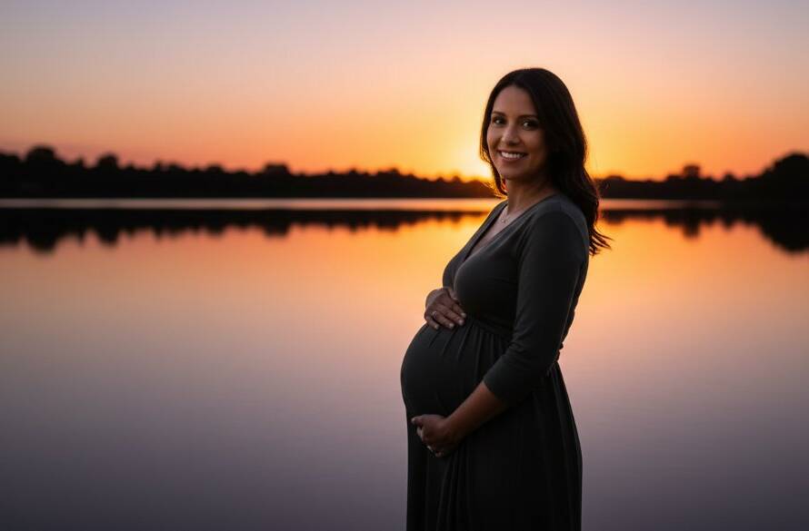 A serene and powerful Waterways intimate maternity photoshoot experience, capturing an epic moment of an expectant mother silhouetted against a golden sunset over the tranquil lake, her hands gently cradling her baby bump, with the calm waters reflecting the vibrant sky, creating a breathtaking and emotional portrait.