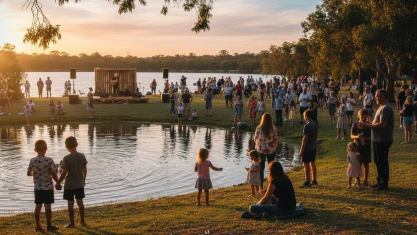 A stunning, wide-angle shot of a joyful community gathering by the tranquil lake in Waterways, Victoria, featuring people laughing and interacting, perfectly encapsulating Waterways Lakeside Event Photography capturing joy with vibrant colours and natural light.
