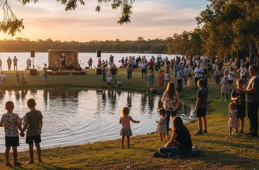 A stunning, wide-angle shot of a joyful community gathering by the tranquil lake in Waterways, Victoria, featuring people laughing and interacting, perfectly encapsulating Waterways Lakeside Event Photography capturing joy with vibrant colours and natural light.