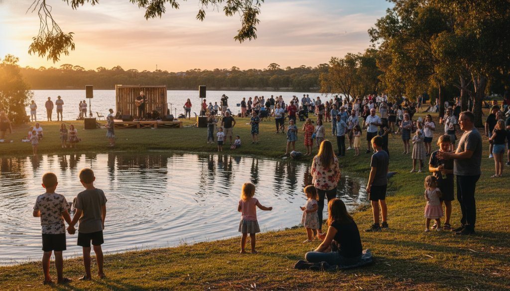 A stunning, wide-angle shot of a joyful community gathering by the tranquil lake in Waterways, Victoria, featuring people laughing and interacting, perfectly encapsulating Waterways Lakeside Event Photography capturing joy with vibrant colours and natural light.