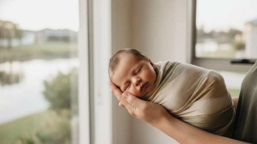 Epic moment of a sleeping newborn baby wrapped in a soft, cream swaddle, cradled gently in a parent's hands, bathed in warm, ethereal light from a large window overlooking the calm canals of Waterways, Victoria. This image perfectly captures the Waterways newborn photography precious moments, emphasizing serenity and tender connection.