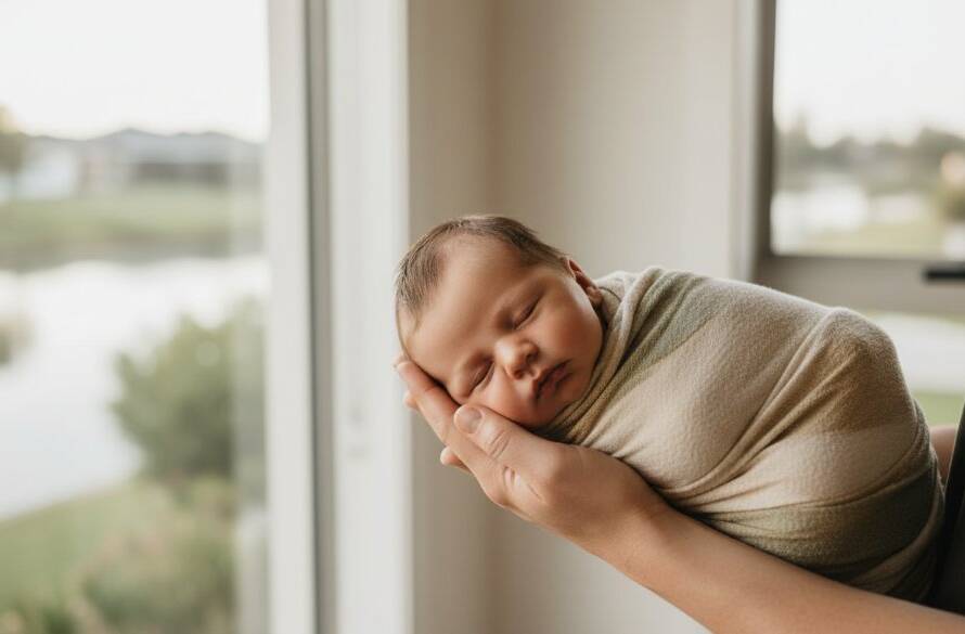 Epic moment of a sleeping newborn baby wrapped in a soft, cream swaddle, cradled gently in a parent's hands, bathed in warm, ethereal light from a large window overlooking the calm canals of Waterways, Victoria. This image perfectly captures the Waterways newborn photography precious moments, emphasizing serenity and tender connection.