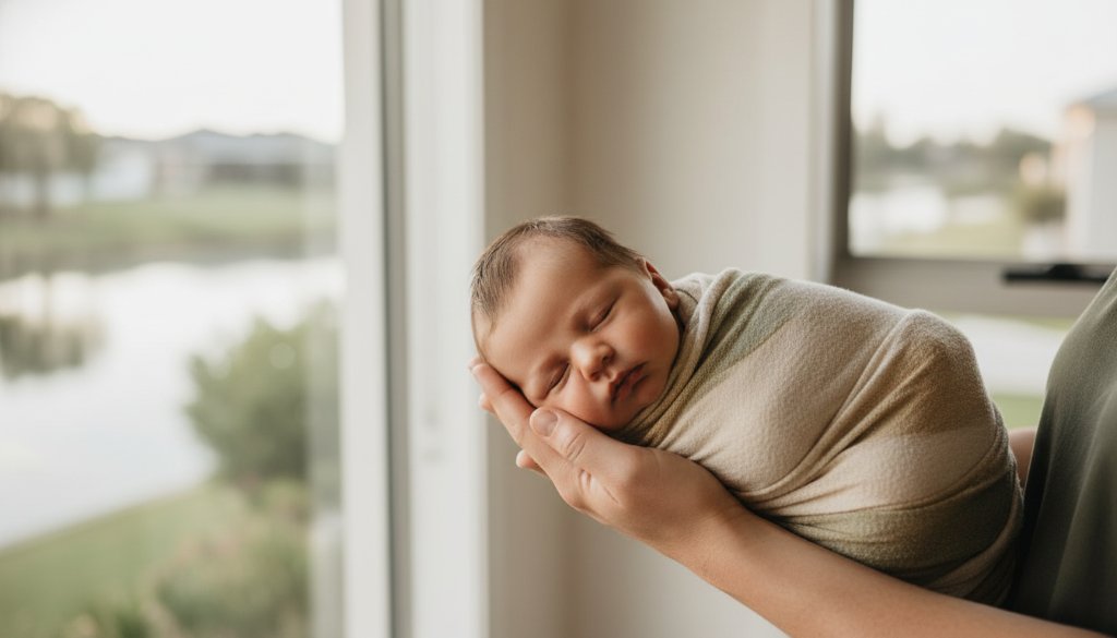 Epic moment of a sleeping newborn baby wrapped in a soft, cream swaddle, cradled gently in a parent's hands, bathed in warm, ethereal light from a large window overlooking the calm canals of Waterways, Victoria. This image perfectly captures the Waterways newborn photography precious moments, emphasizing serenity and tender connection.