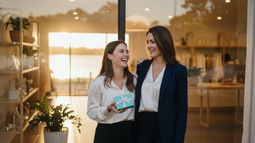 An epic moment captured for Waterways professional business photography branding, showing a local business owner shaking hands with a client against a backdrop of the serene Waterways lake at sunset, with dramatic, warm light.