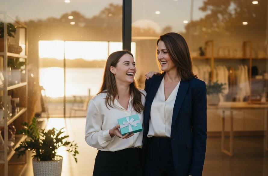 An epic moment captured for Waterways professional business photography branding, showing a local business owner shaking hands with a client against a backdrop of the serene Waterways lake at sunset, with dramatic, warm light.