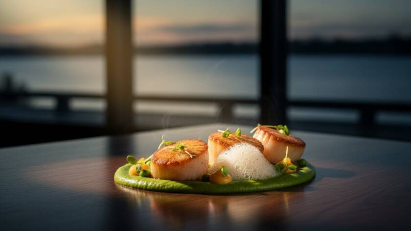 A professional close-up shot of a gourmet dish, artfully plated with fresh herbs, dramatically lit on a rustic wooden table in a Waterways restaurant, showcasing exceptional Waterways restaurant food photography services and the dish's irresistible appeal.