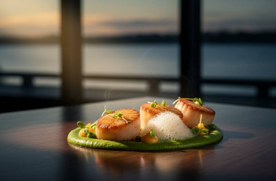 A professional close-up shot of a gourmet dish, artfully plated with fresh herbs, dramatically lit on a rustic wooden table in a Waterways restaurant, showcasing exceptional Waterways restaurant food photography services and the dish's irresistible appeal.