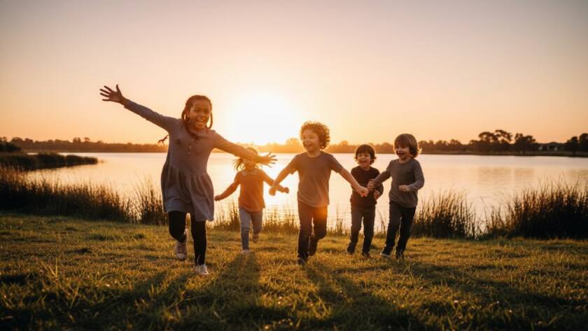 Waterways School Photography Capturing Authentic Student Moments: A vibrant, wide-angle shot of a group of primary school children laughing joyfully on a sunny day at the Waterways wetlands park, light catching their faces, with native trees and calm water in the background, showing genuine connection and happiness, professionally colour-graded and cinematic.