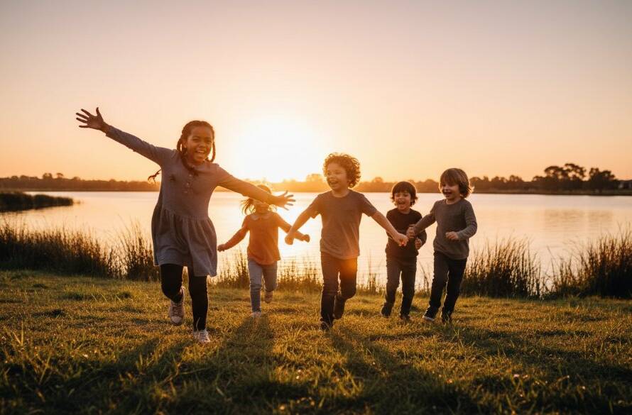 Waterways School Photography Capturing Authentic Student Moments: A vibrant, wide-angle shot of a group of primary school children laughing joyfully on a sunny day at the Waterways wetlands park, light catching their faces, with native trees and calm water in the background, showing genuine connection and happiness, professionally colour-graded and cinematic.