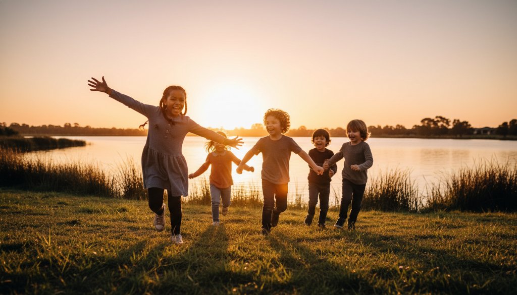 Waterways School Photography Capturing Authentic Student Moments: A vibrant, wide-angle shot of a group of primary school children laughing joyfully on a sunny day at the Waterways wetlands park, light catching their faces, with native trees and calm water in the background, showing genuine connection and happiness, professionally colour-graded and cinematic.