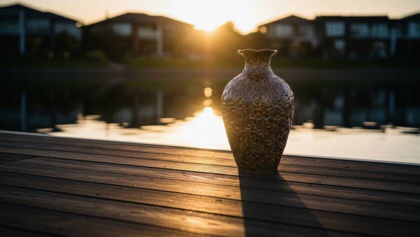 Close-up of a meticulously arranged artisan product, possibly a handcrafted ceramic vase, bathed in golden hour light on a jettyside near the calm lakes of Waterways, Victoria, showcasing Waterways Victoria bespoke product photography with reflections of the tranquil water creating a stunning, high-contrast, professional product shot.