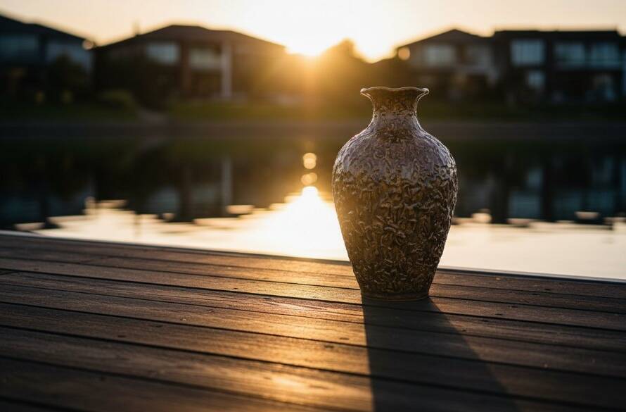 Close-up of a meticulously arranged artisan product, possibly a handcrafted ceramic vase, bathed in golden hour light on a jettyside near the calm lakes of Waterways, Victoria, showcasing Waterways Victoria bespoke product photography with reflections of the tranquil water creating a stunning, high-contrast, professional product shot.