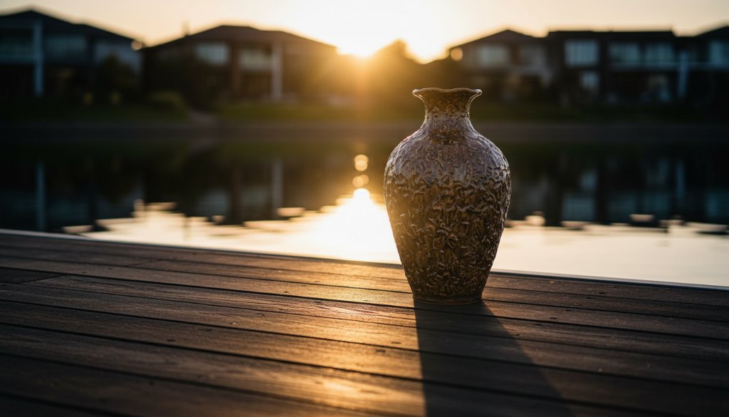 Close-up of a meticulously arranged artisan product, possibly a handcrafted ceramic vase, bathed in golden hour light on a jettyside near the calm lakes of Waterways, Victoria, showcasing Waterways Victoria bespoke product photography with reflections of the tranquil water creating a stunning, high-contrast, professional product shot.