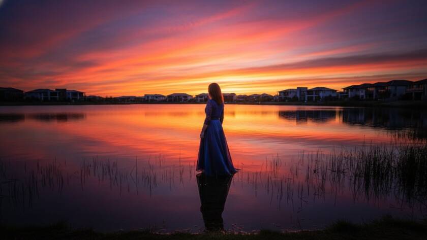 An breathtaking Waterways Victoria fine art photography unique portraits shot of a person silhouetted against a dramatic sunset over the lake, reflecting vibrant colours, with the distinctive modern architecture of Waterways faintly visible in the background, capturing an epic, emotionally resonant moment with professional colour grading.