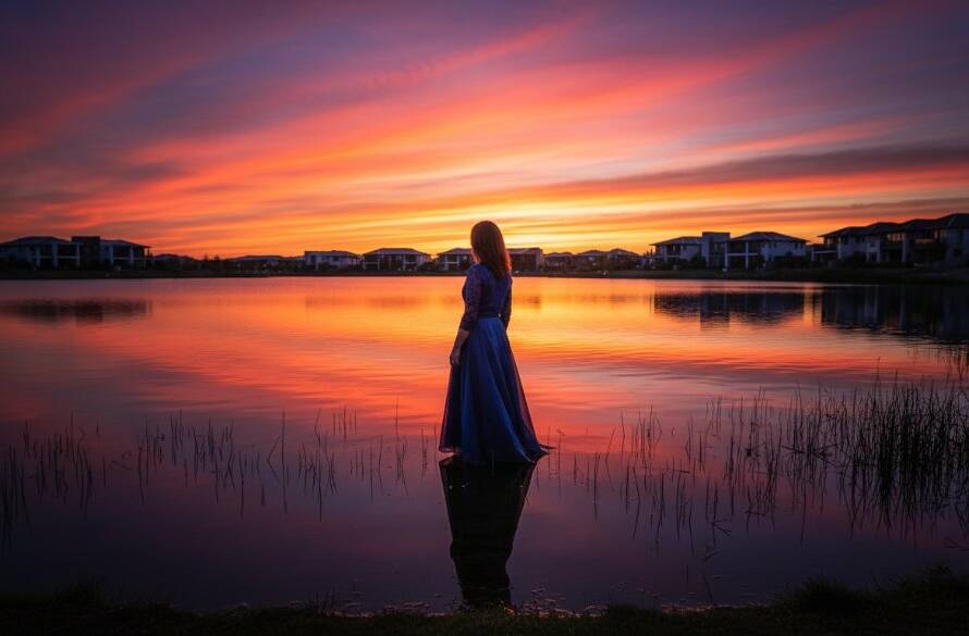 An breathtaking Waterways Victoria fine art photography unique portraits shot of a person silhouetted against a dramatic sunset over the lake, reflecting vibrant colours, with the distinctive modern architecture of Waterways faintly visible in the background, capturing an epic, emotionally resonant moment with professional colour grading.