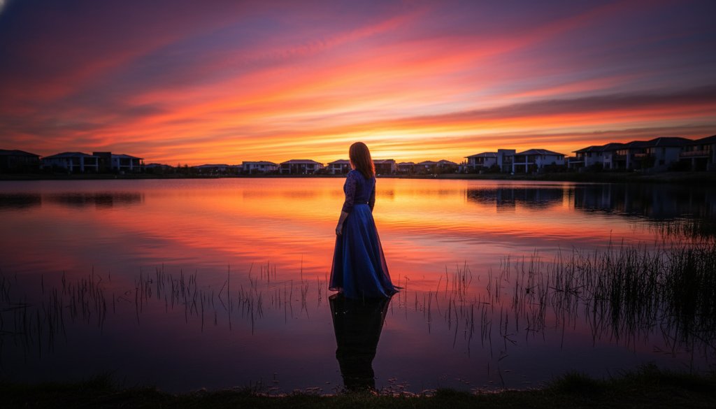 An breathtaking Waterways Victoria fine art photography unique portraits shot of a person silhouetted against a dramatic sunset over the lake, reflecting vibrant colours, with the distinctive modern architecture of Waterways faintly visible in the background, capturing an epic, emotionally resonant moment with professional colour grading.