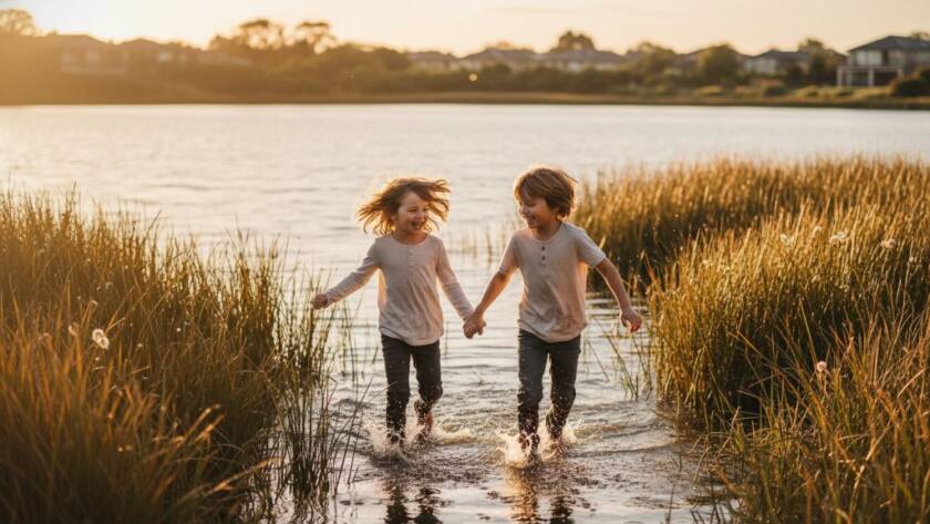 Waterways Victoria kids photography candid moments of two siblings laughing joyfully while running through reeds at sunset by the lake, bathed in golden light, evoking pure happiness and connection.