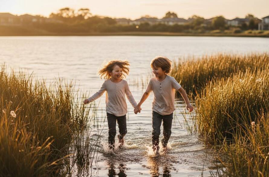 Waterways Victoria kids photography candid moments of two siblings laughing joyfully while running through reeds at sunset by the lake, bathed in golden light, evoking pure happiness and connection.