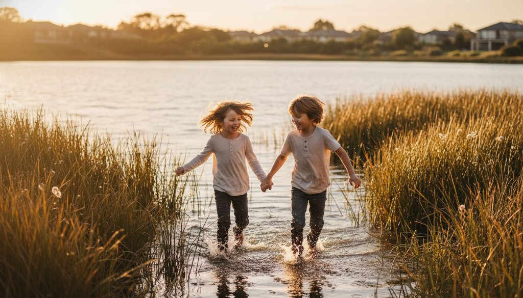 Waterways Victoria kids photography candid moments of two siblings laughing joyfully while running through reeds at sunset by the lake, bathed in golden light, evoking pure happiness and connection.
