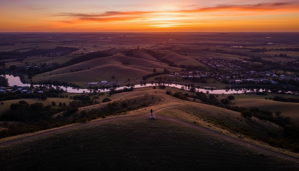 An epic moment captured by Waurn Ponds aerial photography for breathtaking Victorian landscapes, showcasing the vibrant colours of a sunset over the undulating hills of Waurn Ponds, with the Barwon River winding through, highlighting the serene beauty and vastness of the area.