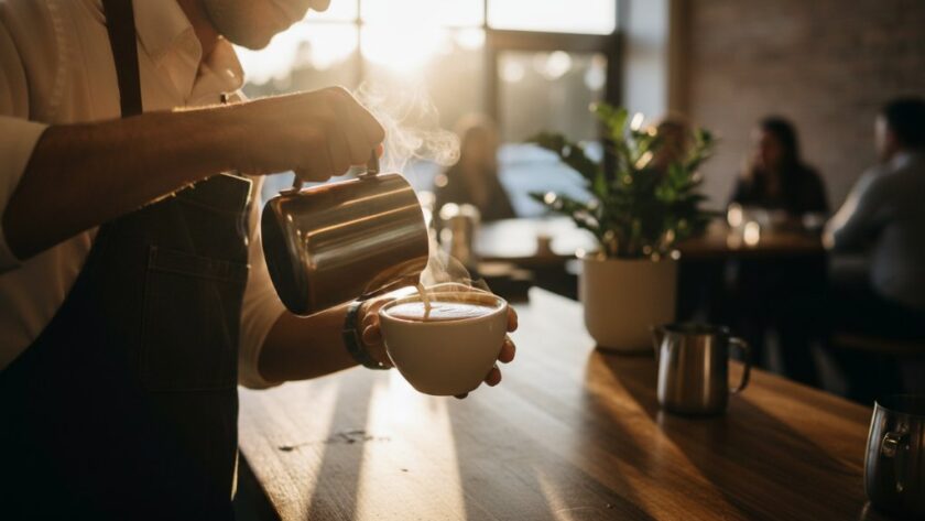 A dramatic, cinematic shot of a modern artisan in their workshop in Waurn Ponds, meticulously crafting a product, backlit by natural light, showcasing the quality of their work through Waurn Ponds business branding photography experts.