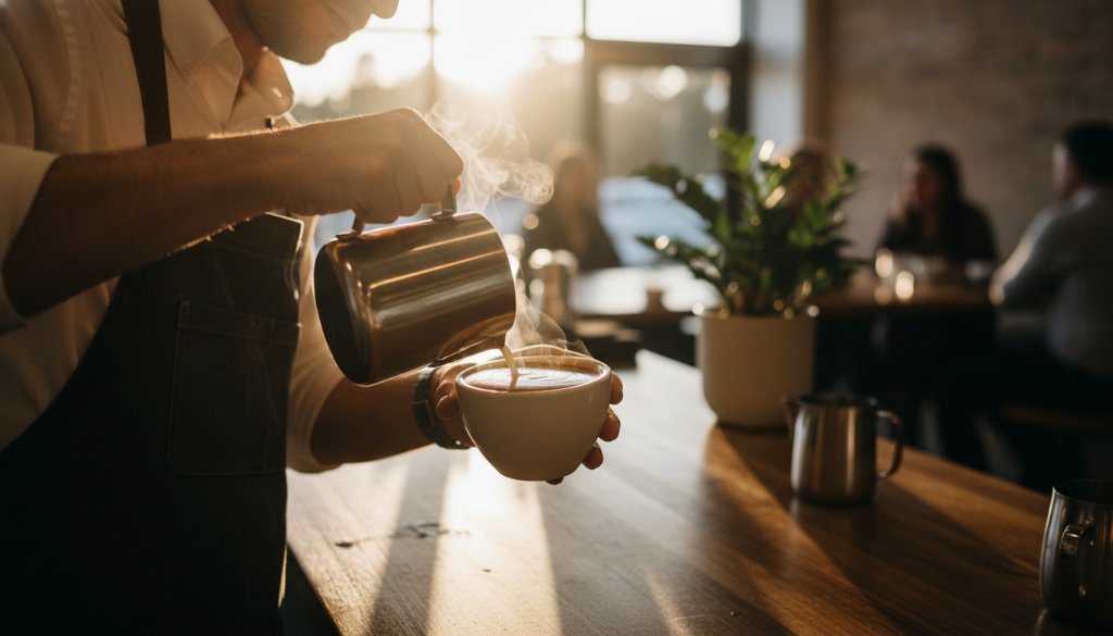 A dramatic, cinematic shot of a modern artisan in their workshop in Waurn Ponds, meticulously crafting a product, backlit by natural light, showcasing the quality of their work through Waurn Ponds business branding photography experts.