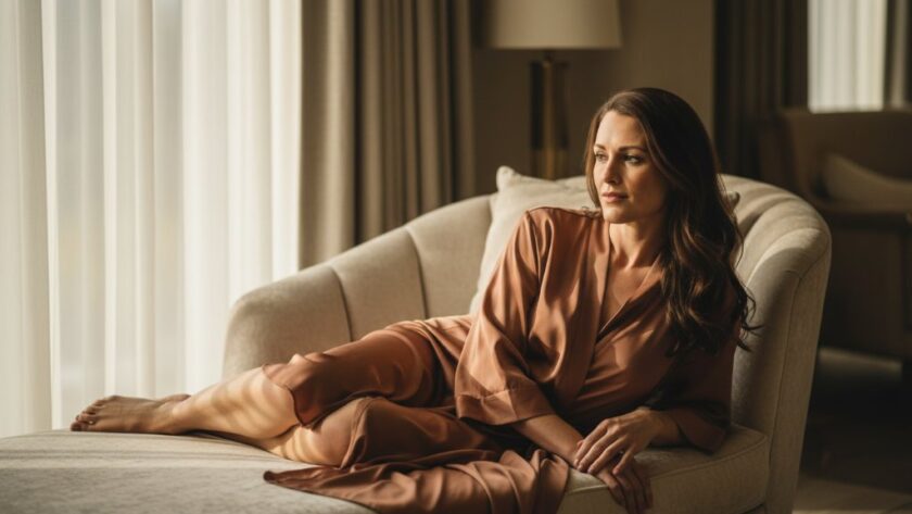 A stunning close-up portrait of a woman in an elegant, flowing sheer fabric, with dramatic side lighting highlighting her profile, embodying the confidence from a Waurn Ponds empowering boudoir photography session. The background is softly blurred, evoking a serene, luxurious private space. The light catches her hair and shoulder, creating a captivating, artistic mood.