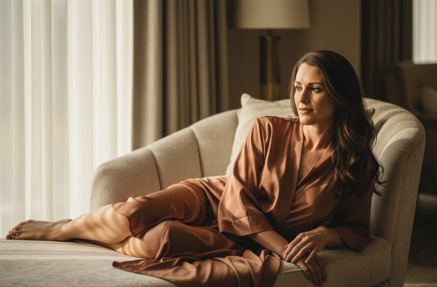 A stunning close-up portrait of a woman in an elegant, flowing sheer fabric, with dramatic side lighting highlighting her profile, embodying the confidence from a Waurn Ponds empowering boudoir photography session. The background is softly blurred, evoking a serene, luxurious private space. The light catches her hair and shoulder, creating a captivating, artistic mood.