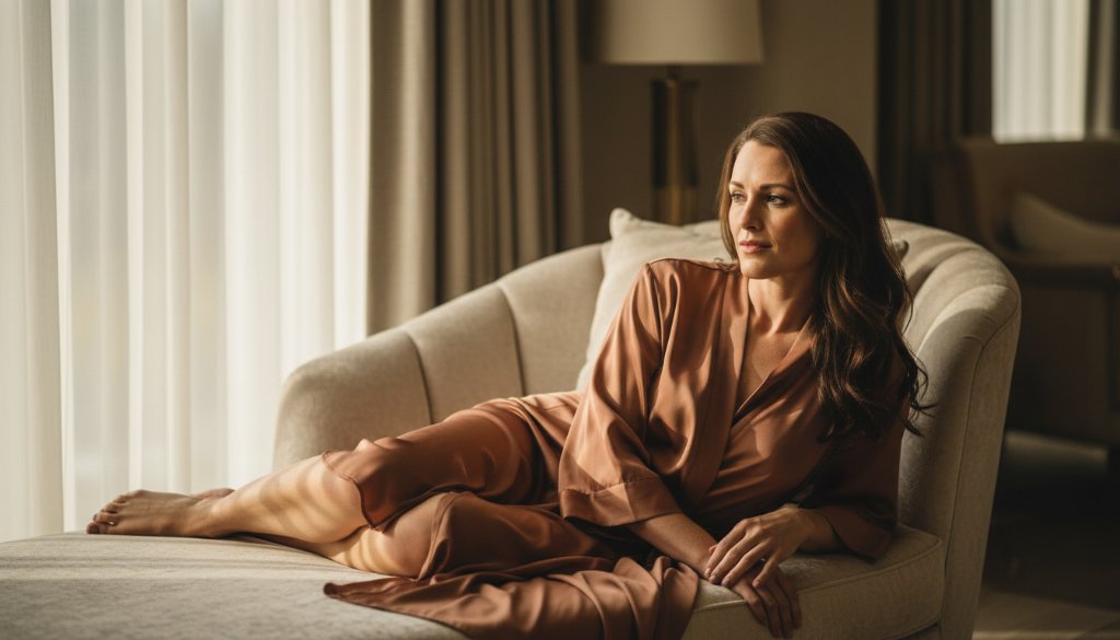 A stunning close-up portrait of a woman in an elegant, flowing sheer fabric, with dramatic side lighting highlighting her profile, embodying the confidence from a Waurn Ponds empowering boudoir photography session. The background is softly blurred, evoking a serene, luxurious private space. The light catches her hair and shoulder, creating a captivating, artistic mood.